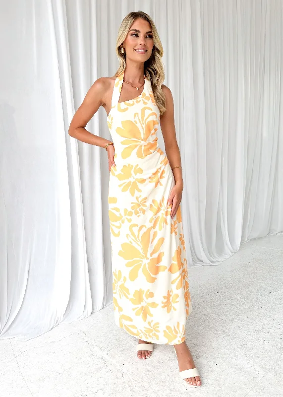 Positano Halter Maxi Dress - Lemon Floral