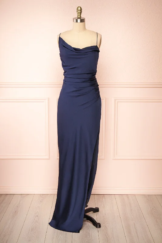 Sevika Navy | Maxi Satin Dress w/ Cowl Neck