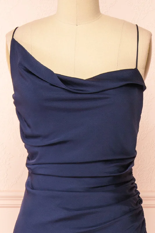 Sevika Navy | Maxi Satin Dress w/ Cowl Neck