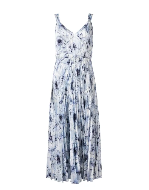 White and Blue Floral Pleated Dress