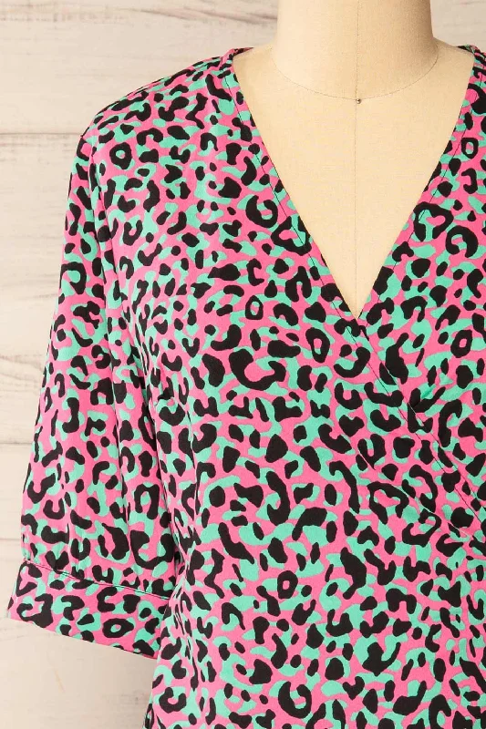 Zekia Pink | Leopard Print Short Sleeve Wrap Dress