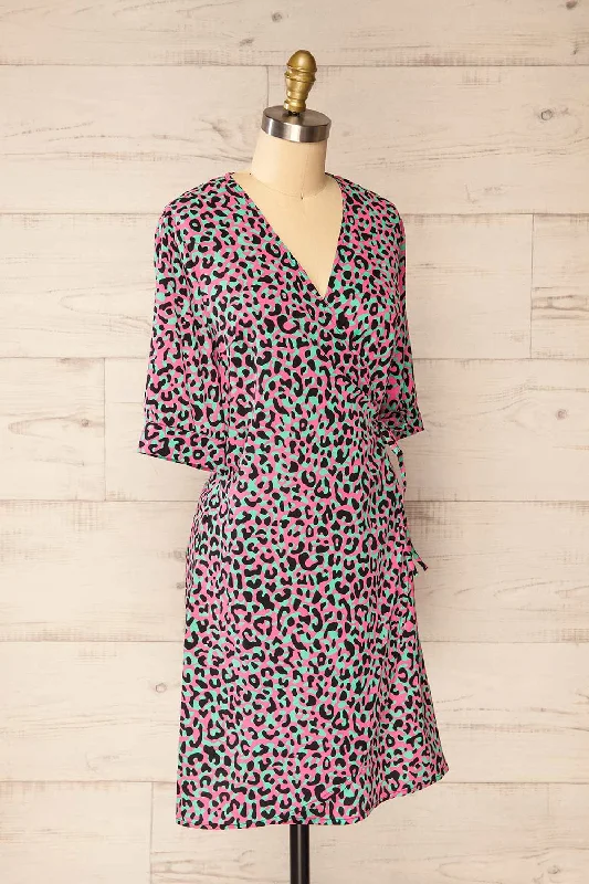 Zekia Pink | Leopard Print Short Sleeve Wrap Dress