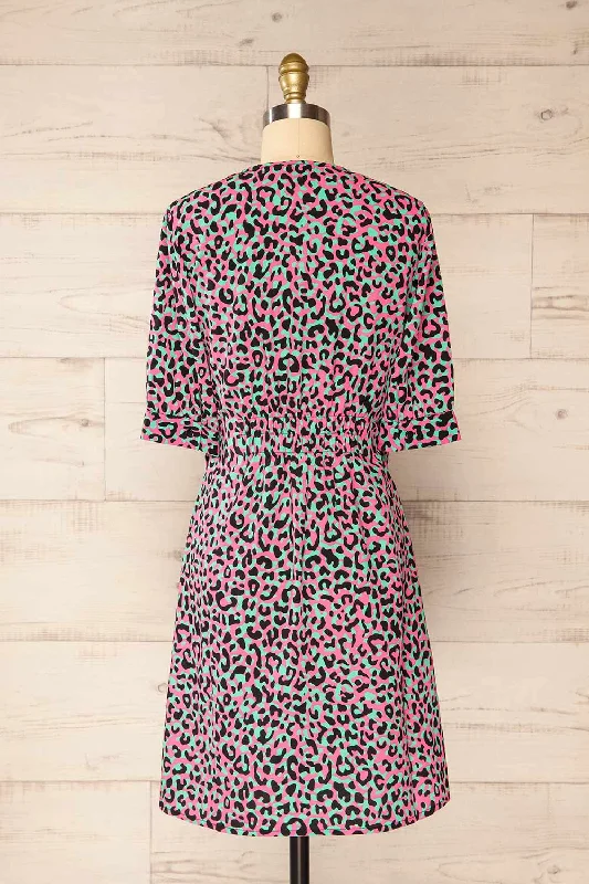 Zekia Pink | Leopard Print Short Sleeve Wrap Dress