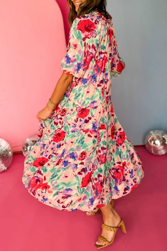 Aqua Multi Floral Frill V Neck Midi Dress