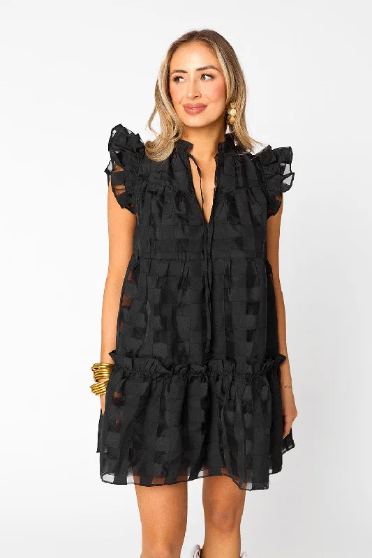 Aubrey Ruffle Shoulder Short Dress - Black (PRE-ORDER)