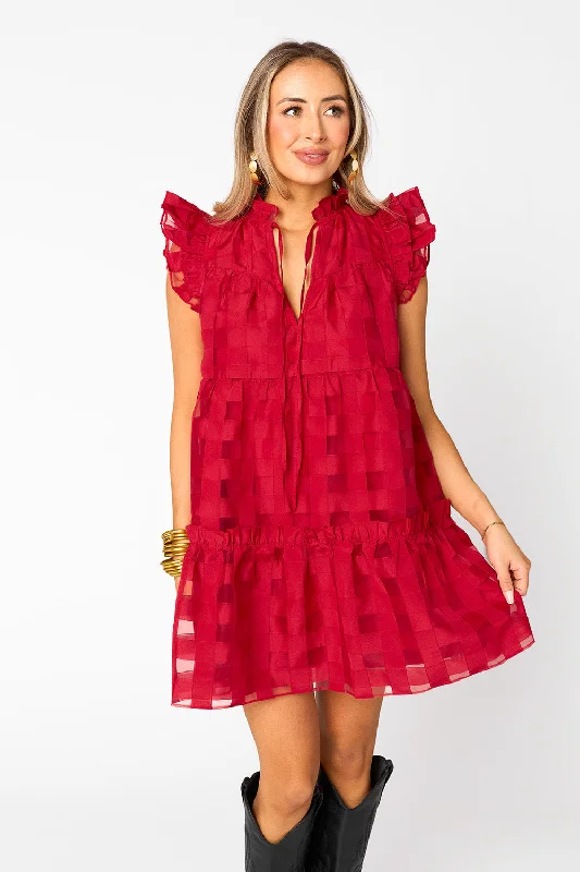 Aubrey Ruffle Shoulder Short Dress - Ruby (PRE-ORDER)