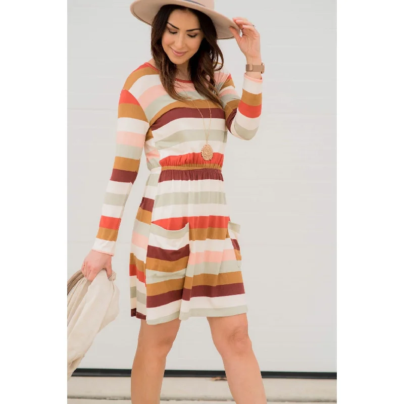 Striped Pocket Long Sleeve Dress