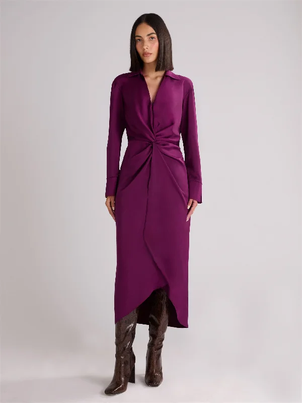 Berry Satin Twist Front Shirt Dress