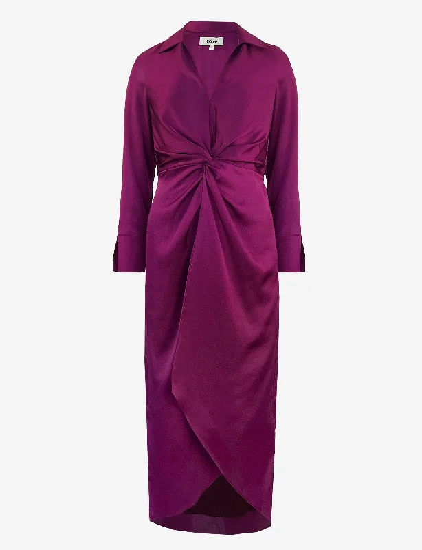 Berry Satin Twist Front Shirt Dress