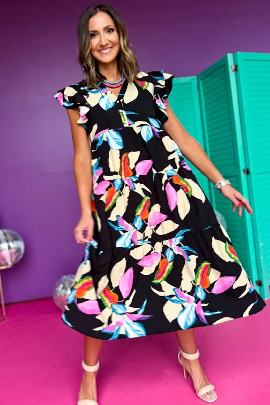 Black Floral Printed Collared Button Front Flutter Sleeve Midi Dress