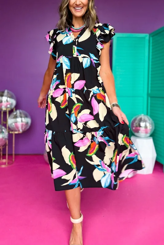 Black Floral Printed Collared Button Front Flutter Sleeve Midi Dress