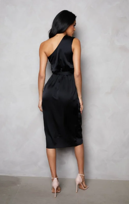 Black One Shoulder Belted Satin Midi Dress- Elizabeth