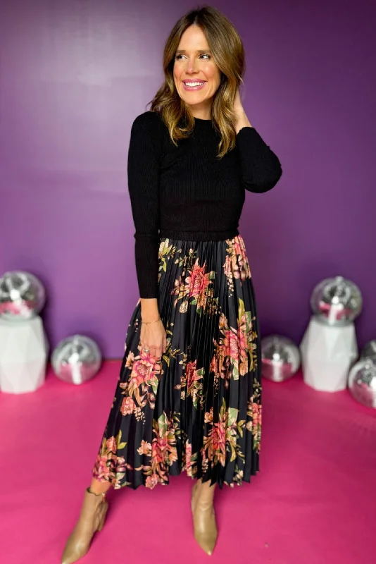 Black Sweater Floral Printed Pleated Midi Dress