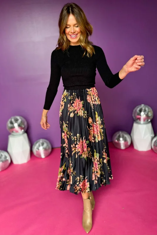 Black Sweater Floral Printed Pleated Midi Dress