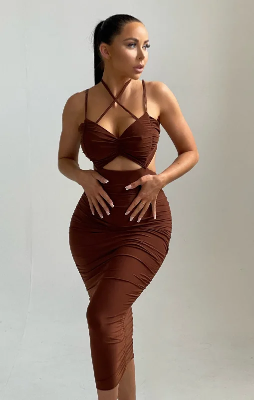 Chocolate Cut Out Strappy Ruched Tie  Detail Midi Dress - Beth