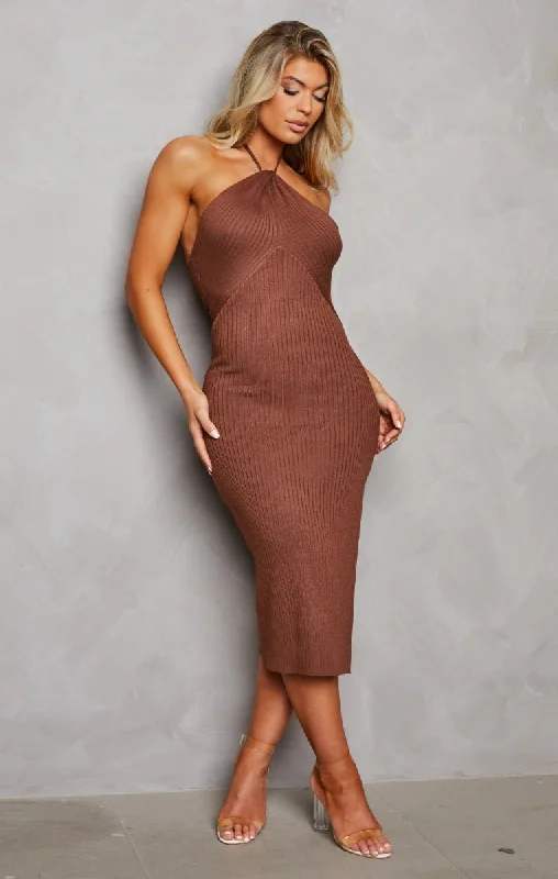 Chocolate Knitted Rib Halter Neck Bodycon Midi Dress-True