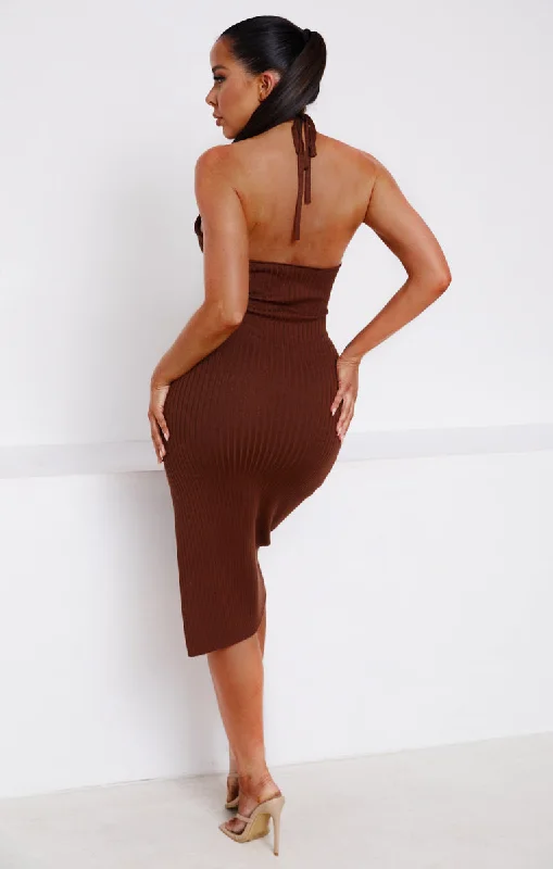 Chocolate Knitted Rib Halter Neck Bodycon Midi Dress-True