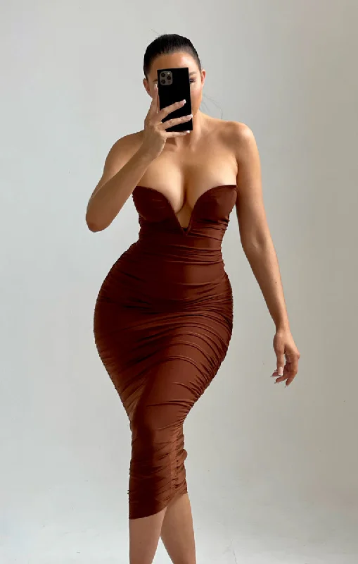 Chocolate Strapless Sweetheart Slinky Bodycon Midi Dress - Ava