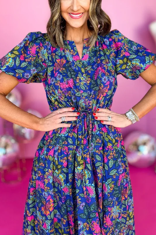 Cobalt Blue Floral Puff Sleeve Midi Dress