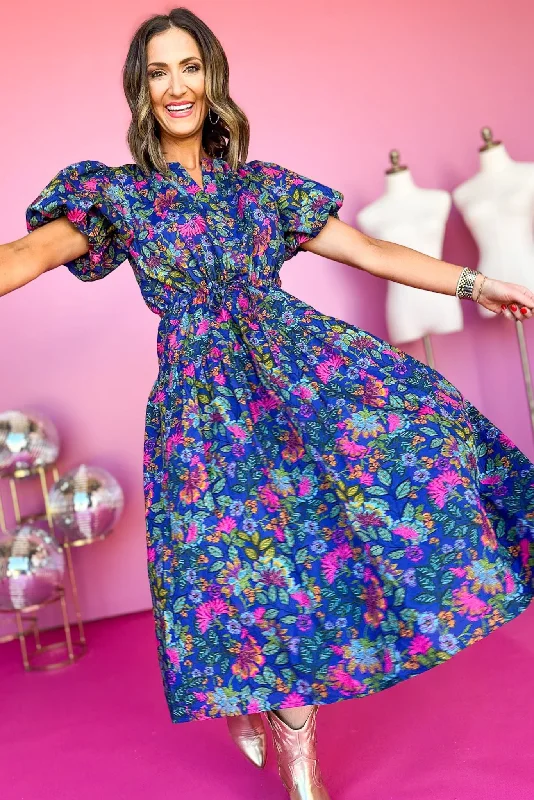 Cobalt Blue Floral Puff Sleeve Midi Dress