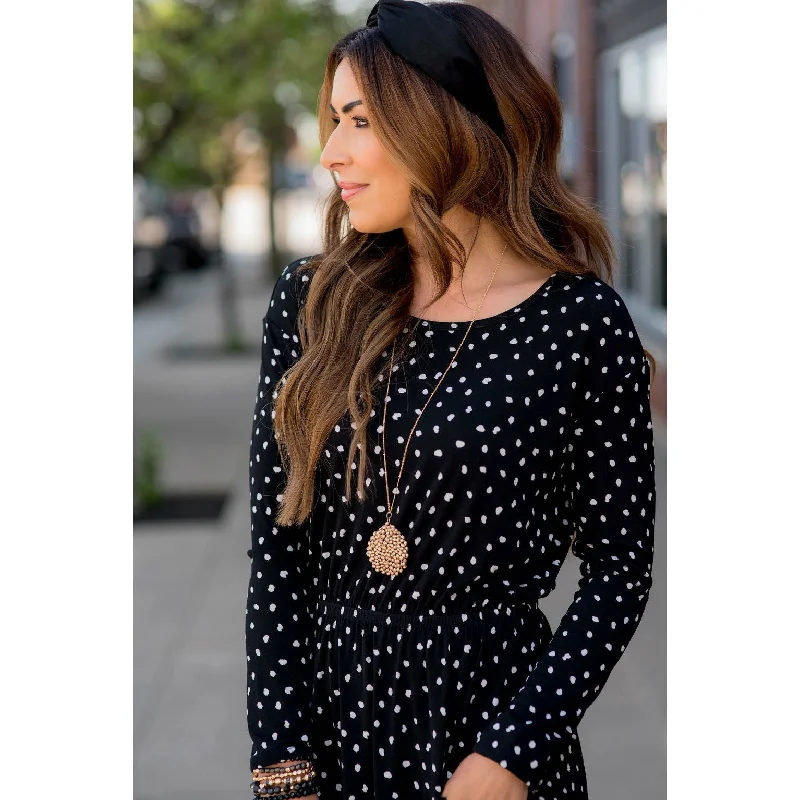 Dotted Pocket Long Sleeve Dress