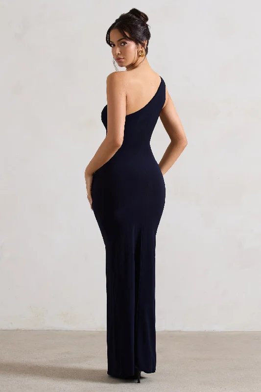 Ethereal | Navy One Shoulder Ruched Split Maxi Dress