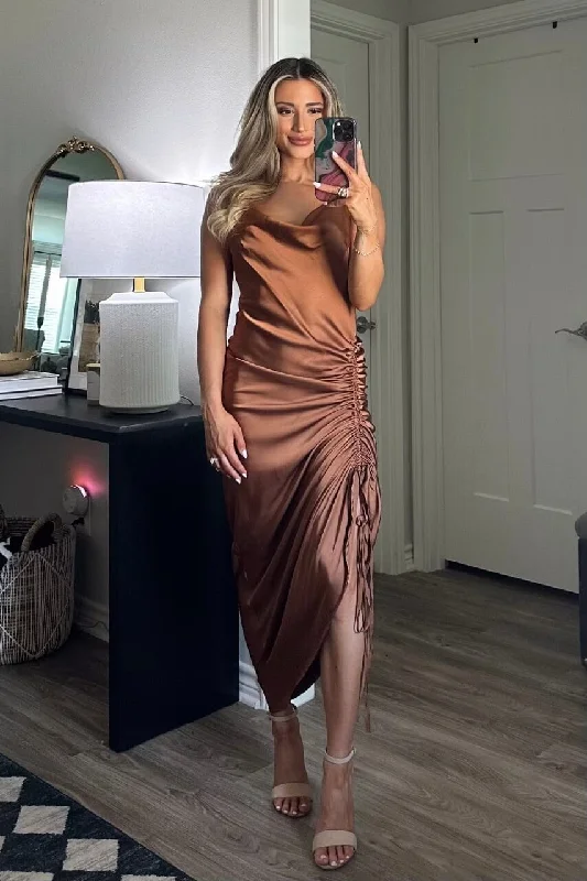 Event of the Season Satin Ruched Midi Dress: Rust