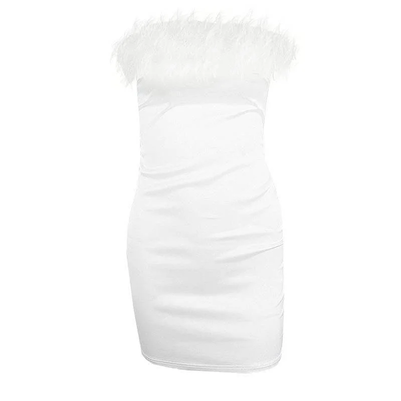 BerryBetty - Feather off shoulder solid backless tube dress