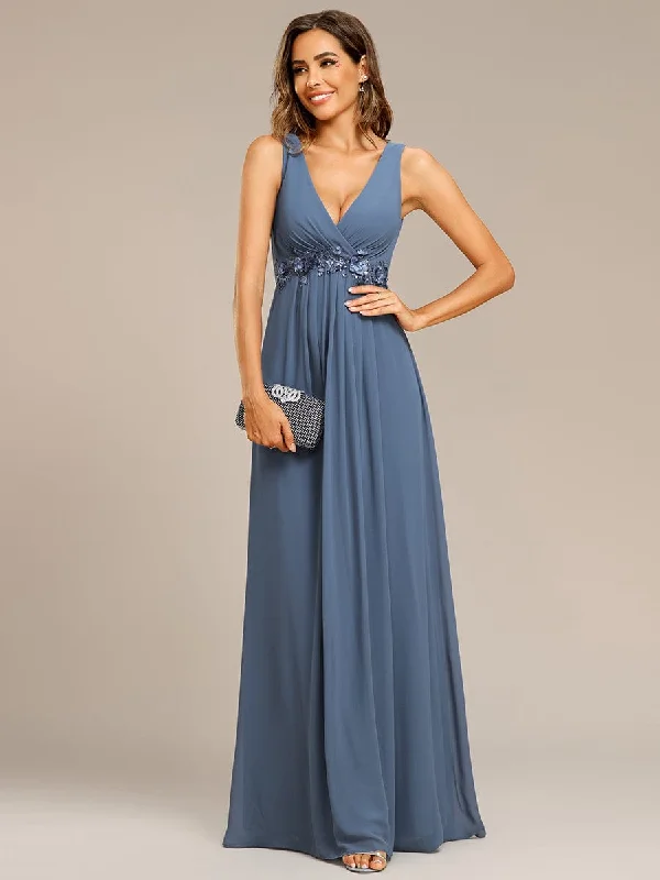 Floral Applique Sleeveless Chiffon Long Formal Evening Dress