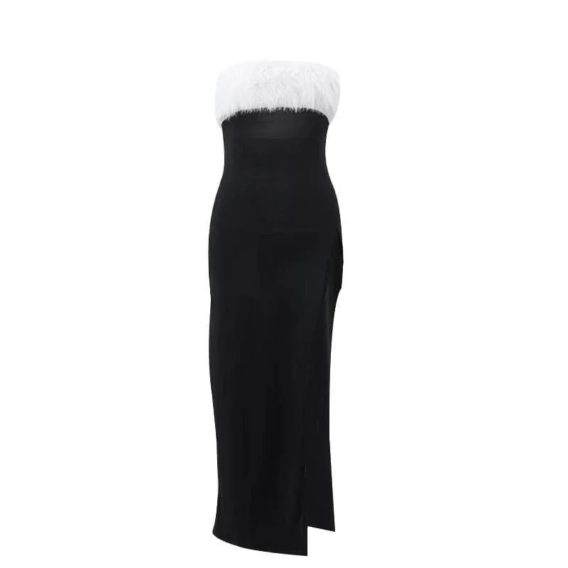 BerryBetty - Fluffy contrast slit backless zip-up tube midi dress