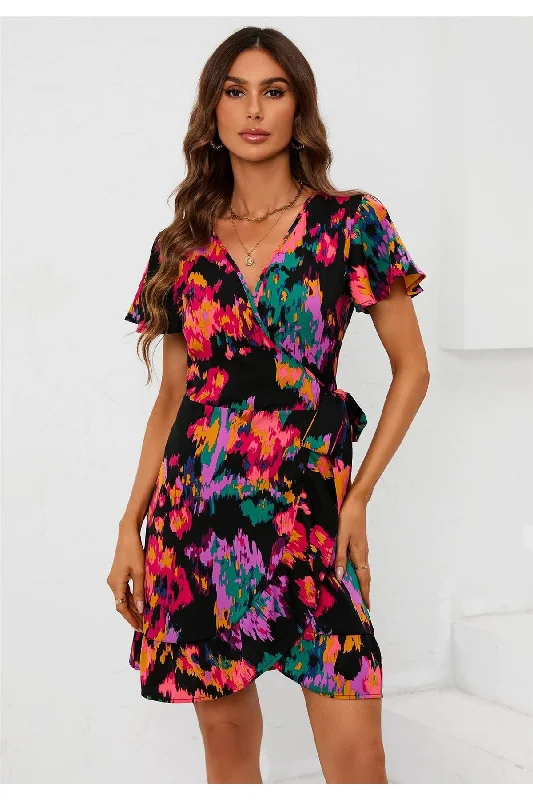 FS Collection Multi Colour Printed Mini Wrap Dress In Black