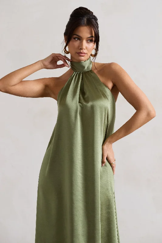 Gloriana | Olive Green Satin High-Neck Maxi Dress