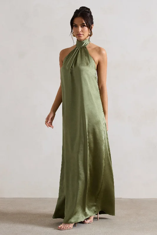 Gloriana | Olive Green Satin High-Neck Maxi Dress