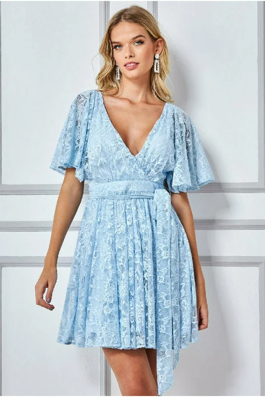 Goddiva Lace Kimono Wrap Skater Mini Dress - Powder Blue