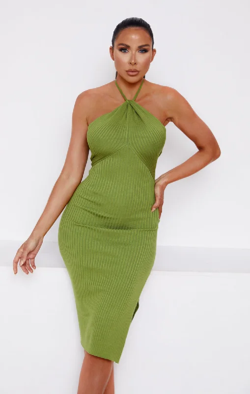 Green Knitted Rib Halter Neck Bodycon Midi Dress-True