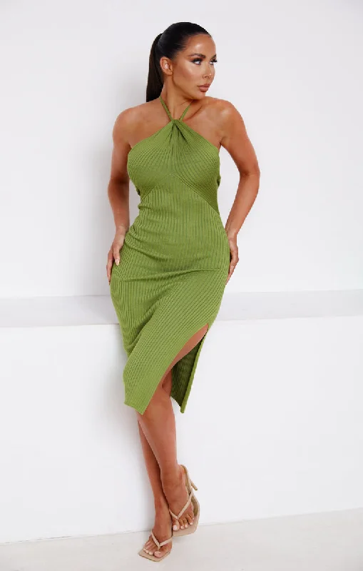 Green Knitted Rib Halter Neck Bodycon Midi Dress-True