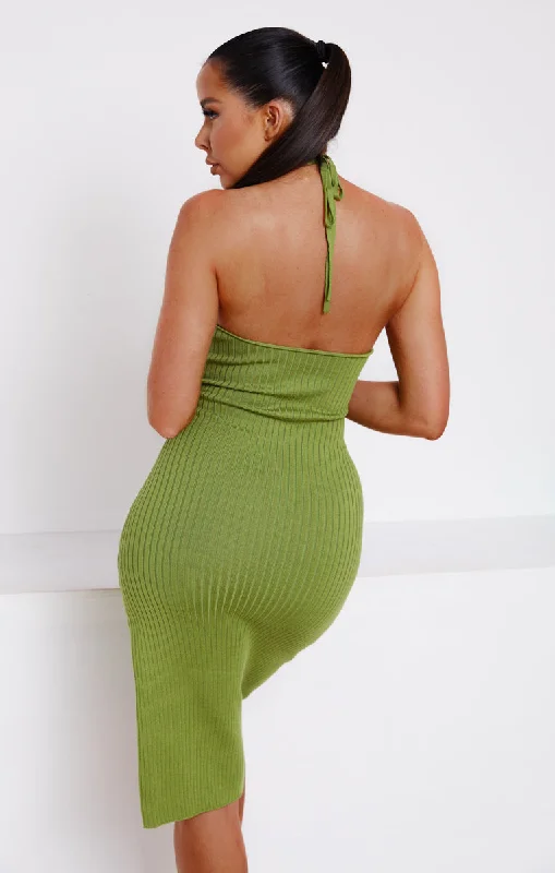 Green Knitted Rib Halter Neck Bodycon Midi Dress-True