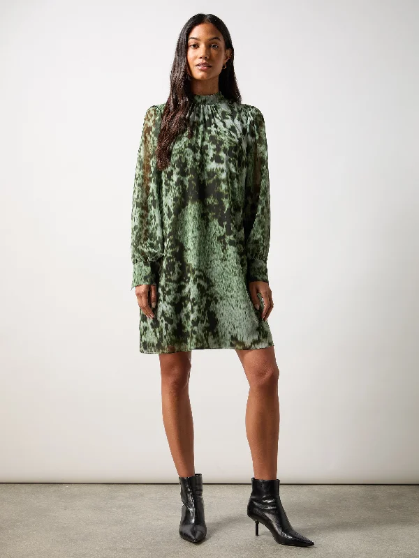 Green Leopard Print High Neck Dress