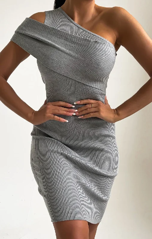 Grey Cross Over Cold Shoulder Knitted Rib Midi Dress - Trixie