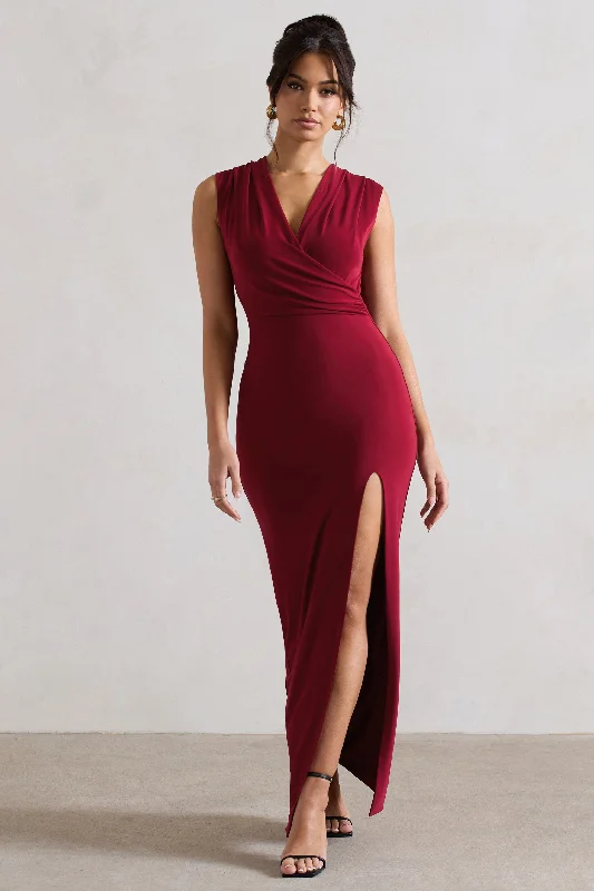 Honour | Berry V-Neck Split Maxi Dress With Cowl-Back