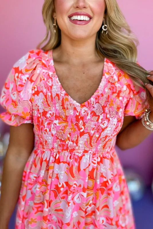 Hot Pink Mix Deep V Neck Puff Sleeve Midi Dress