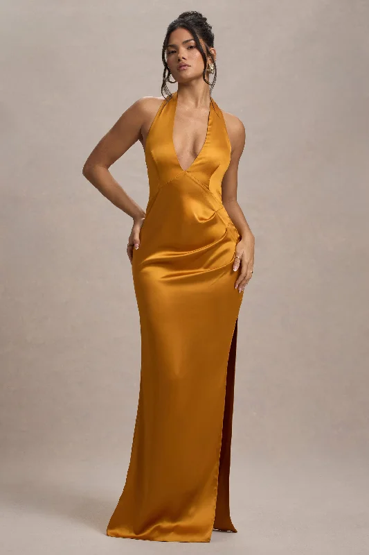 Inferno | Rust Satin Plunge-Neck Gathered Split Maxi Dress