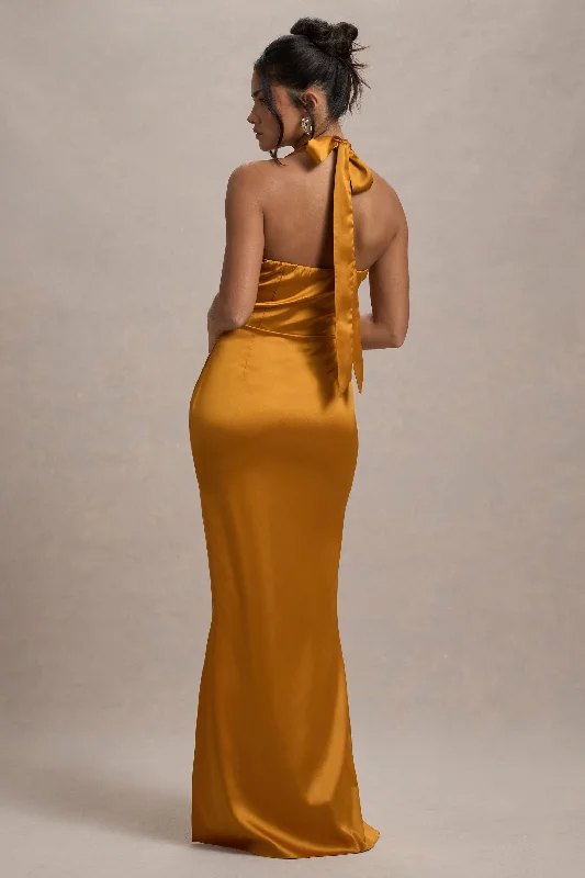 Inferno | Rust Satin Plunge-Neck Gathered Split Maxi Dress