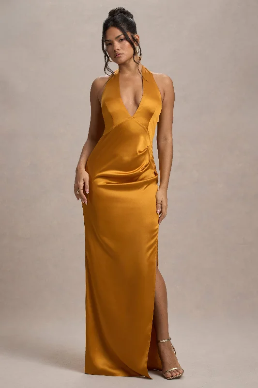 Inferno | Rust Satin Plunge-Neck Gathered Split Maxi Dress