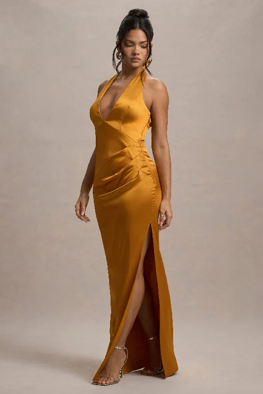 Inferno | Rust Satin Plunge-Neck Gathered Split Maxi Dress