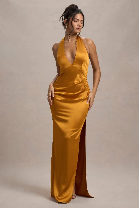 Inferno | Rust Satin Plunge-Neck Gathered Split Maxi Dress