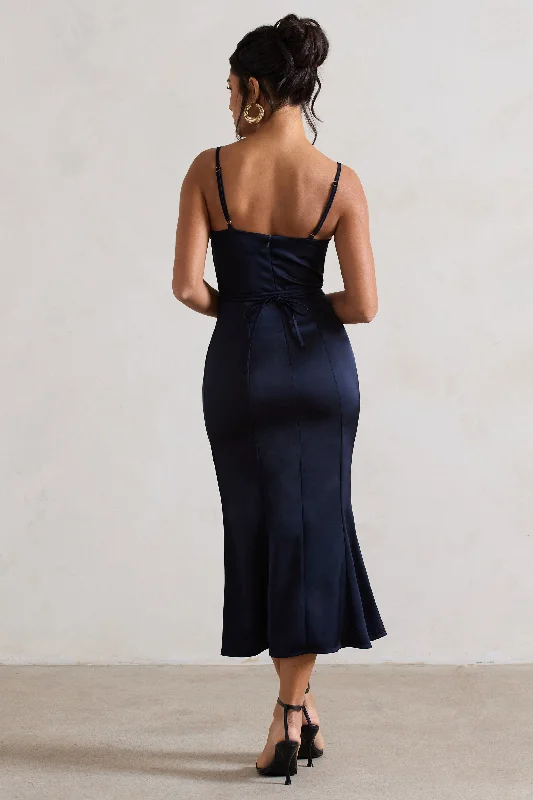 Just A Moment | Navy Satin Cowl-Neck Midi Dress With Tie Waist