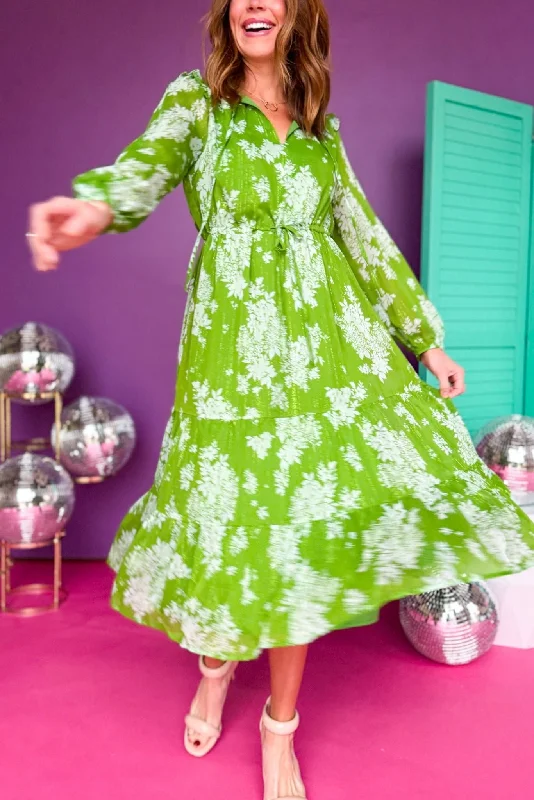 Kelly Green Floral Printed Split Frilled Tie Neck Tiered Long Sleeve Midi Dress