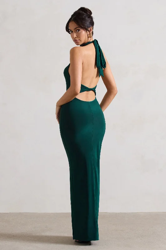 Larisa | Bottle Green Cowl Halter-Neck Maxi Dress With Back Detail