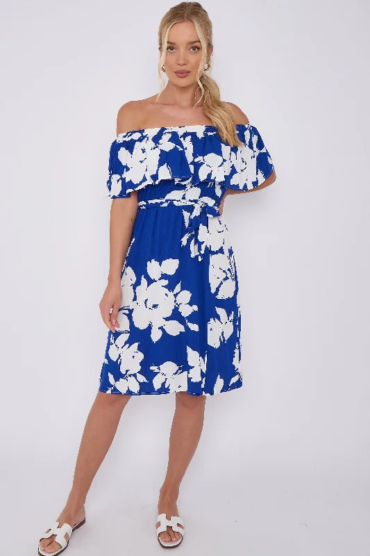 LOVE SUNSHINE Blue Floral Print Bardot Mini Dress